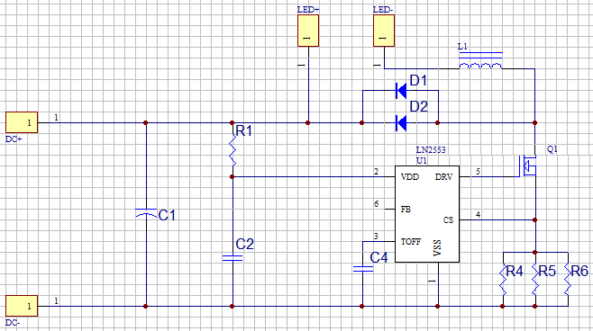  LN2553  LED车灯（12V-80V）典型应用线路图: