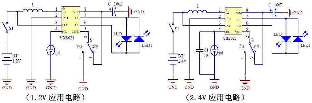 LED太阳能驱动芯片 1 节1.2V 或两节1.2 串联2.4V 电池典型应用图(白、绿、蓝光应用)