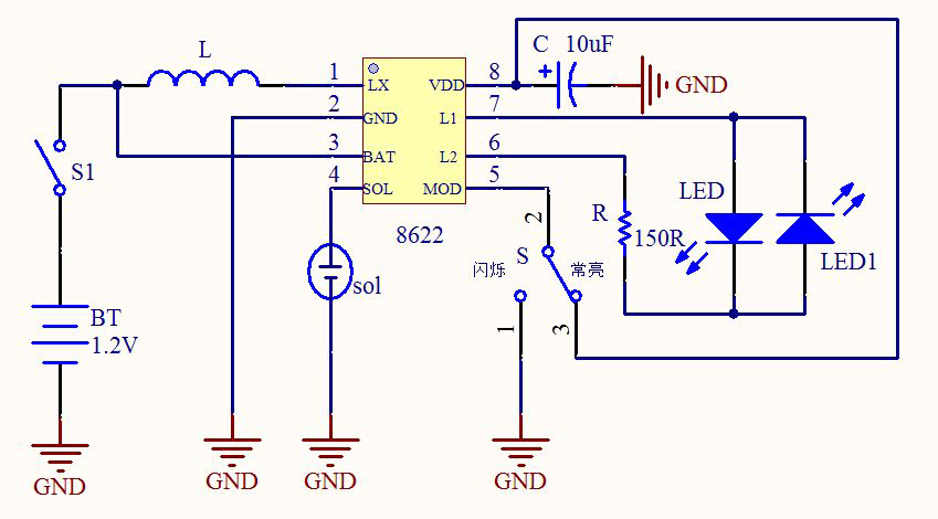 LED太阳能灯串驱动方案1节1.2V电池驱动红和黄光