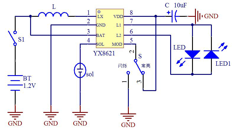 LED太阳能灯串IC 白、绿、蓝光1.2V应用电路