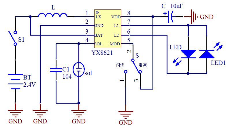 LED太阳能灯串IC 白、绿、蓝光2.4V应用电路