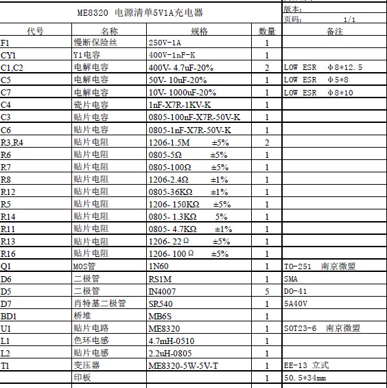 5V1A充电器 ME8320电源清单料标