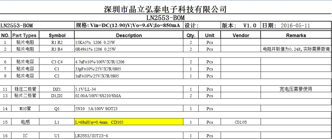 LED爆闪车灯方案BOM料表