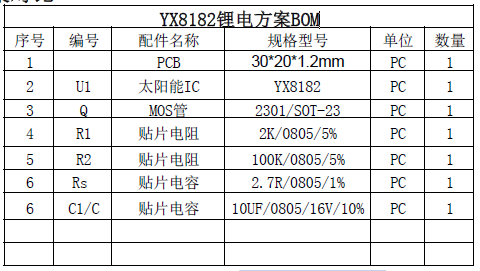 YX8182锂电池方案料表