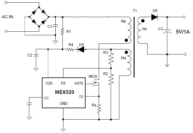 5V1A充电器 ME8320应用电路图