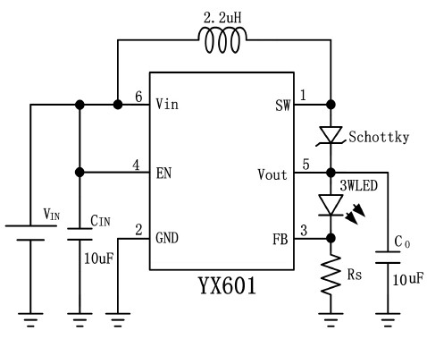 YX601_DC-DC升压恒流IC应用原理图